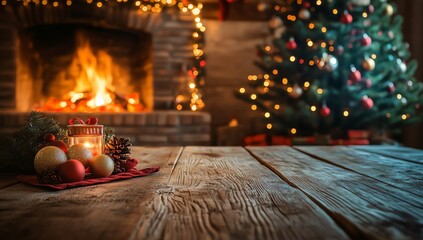 Christmas Decoration with Fireplace and Tree on Rustic Wooden Table