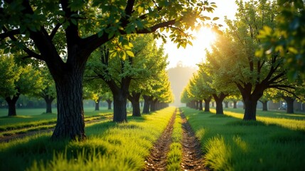 Naklejka premium Keen orchard divided by a swirling ephemeral mist, where rich green foliage meets a soft, dreamy atmosphere. A delicate and enchanting nature scene.