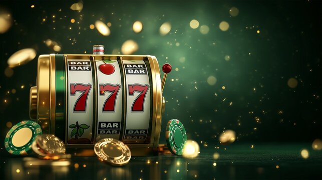 A slot machine with a green background and a gold bar