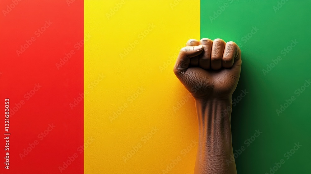 Poster symbolic representation of unity and strength through a raised fist against the background of the ca