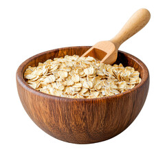 Fresh Rolled Oats in a Wooden Bowl with a Wooden Spoon Ready to Use