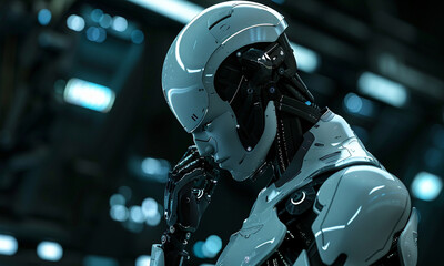 Fototapeta premium Futuristic AI robot deep in thought, representing artificial intelligence, machine learning, and technological advancement in a cybernetic digital world