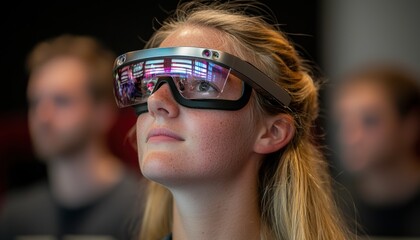 Explore immersive learning with our Student using smart glasses for an interactive digital lecture experience Witness seamless integration of augmented reality in education Elevate your comprehension