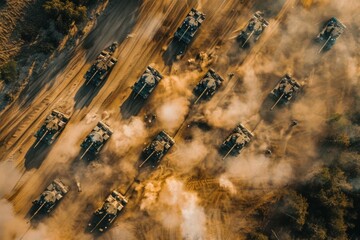 Tanks in formation on rugged terrain. Neural network AI generated