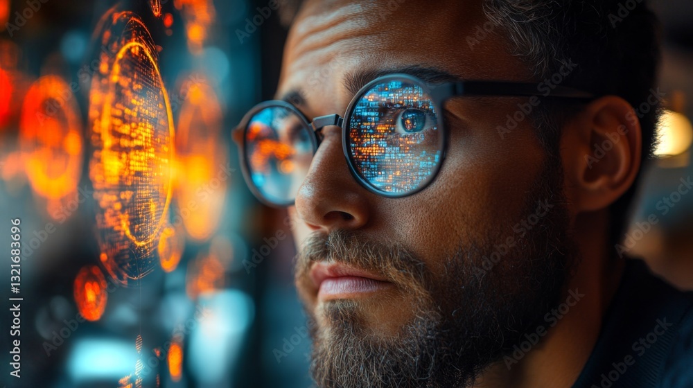 Poster A focused individual examines quantum computing principles like qubits, superposition, and entanglement reflected in smart glasses. The intricate patterns illuminate his thoughtful expression.