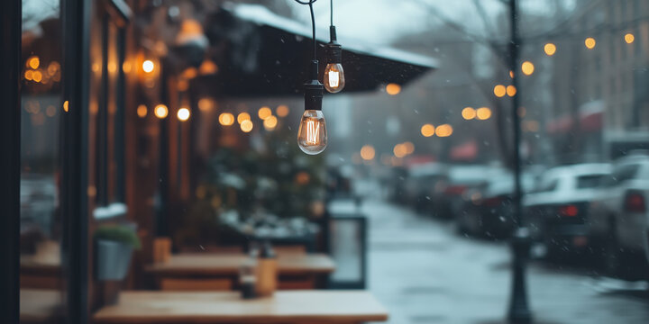 Outdoor seating area of bustling hip urban cafe, restaurant with tables and chairs on New York City street, sidewalk during winter, cold weather in artsy film movie style background