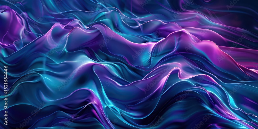 Poster abstract background with blue and purple waves, dark background gradient smooth curve wave swirl.