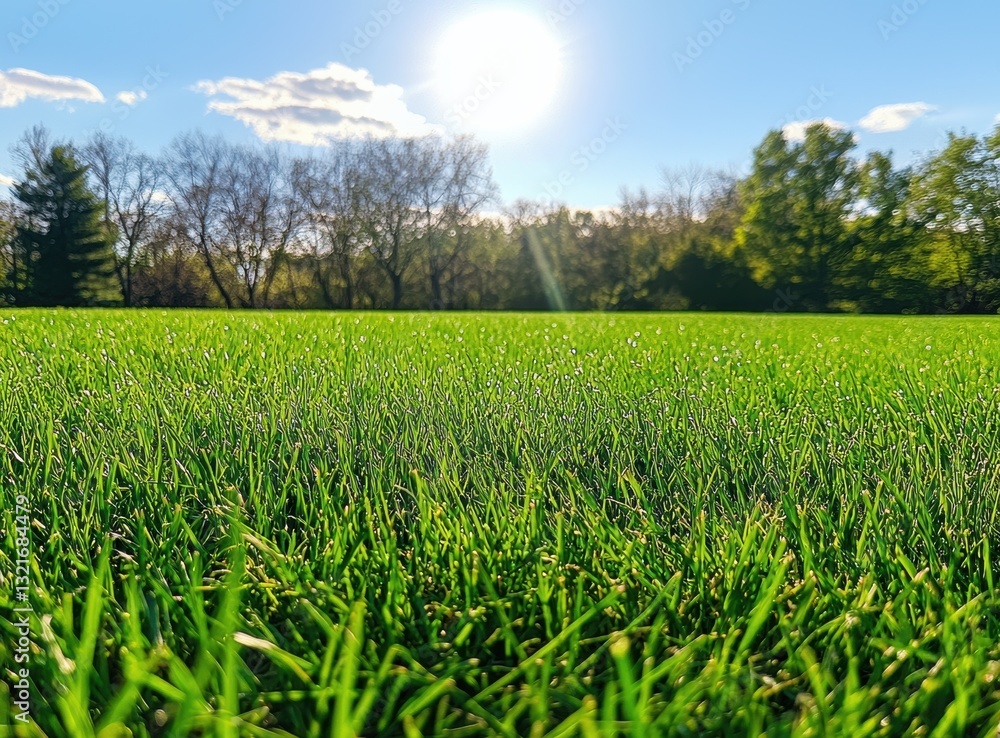 Poster green grass meadow shining under the sunlight with trees in background