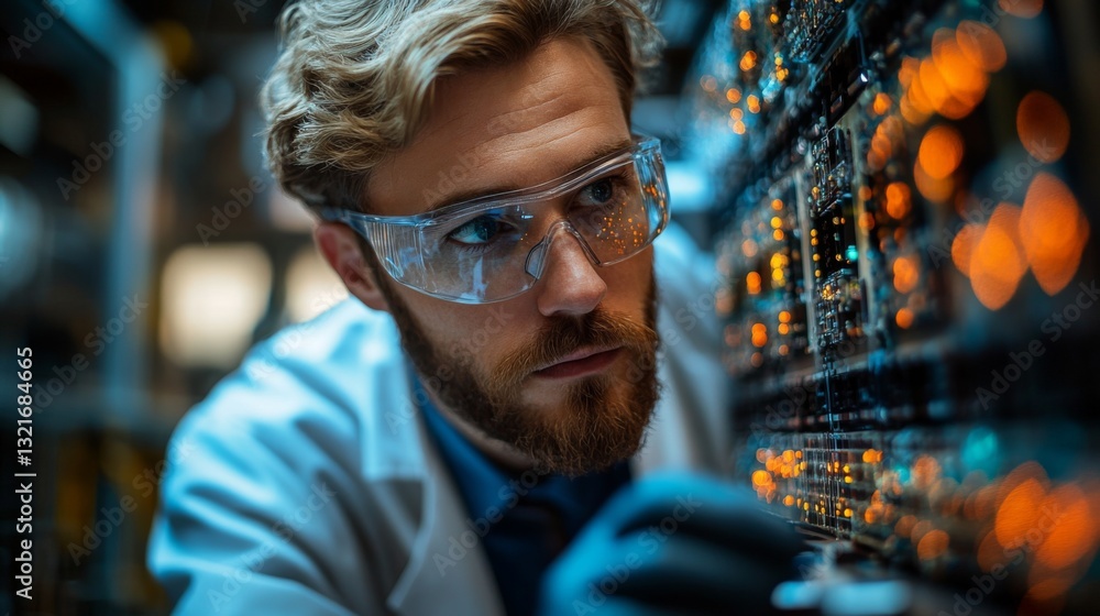 Fototapete A researcher in a lab examines intricate circuitry associated with quantum computing. The focus is on studying qubits, superposition, and their entanglement for groundbreaking experiments.