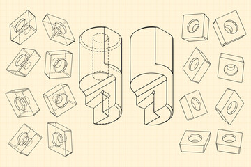 Mechanical engineering drawings on sepia background. Cutter, assembly tool with replaceable multi-faceted plate. Technical Design. Cover. Blueprint. Vector illustration.