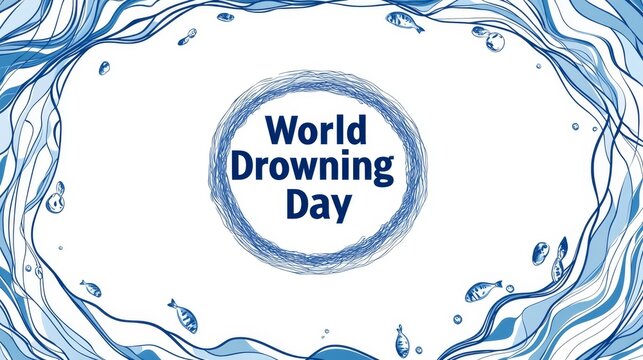 World Drowning Day awareness banner with blue and white background, featuring a round lifebuoy shape and bold text in a flat vector design. - Powered by Adobe