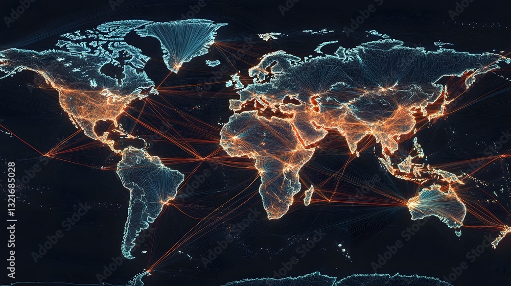 Aufkleber Global Network Visualization with Bright Lines on Dark Background