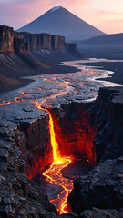 Fototapeta premium Volcanic landscapes exhibit raw and powerful beauty of rugged terrain lava flows and awe-inspiring forces of nature that shape these areas