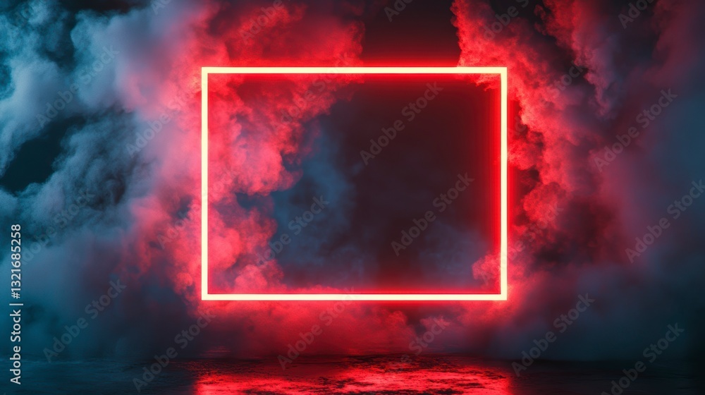 Poster neon square frame in smoky environment. possible use for advertising or product presentation