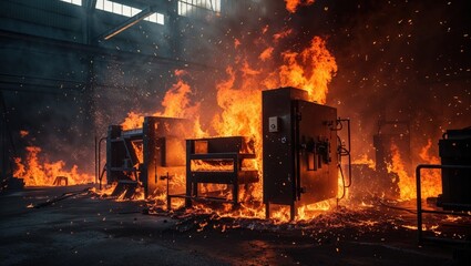 A warehouse engulfed in flames, showcasing a dramatic industrial fire scene.
