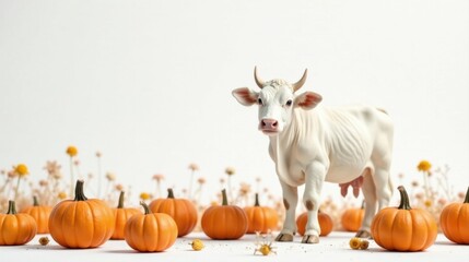 A pristine white calf stands serenely amidst a field of miniature pumpkins and delicate wildflowers, creating a charming autumnal scene.