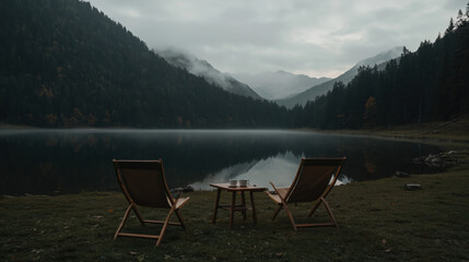 Two chairs and tables with two coffee cups stand next to each other in outdoor camping site. Autumn season, Green lawn, lake, forest landscape in the background for tranquility, peaceful vacation trip