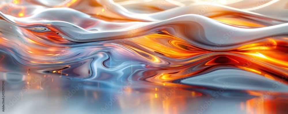 Poster 3d flow abstract background with fluid metallic shapes flowing and blending silver chrome light refl