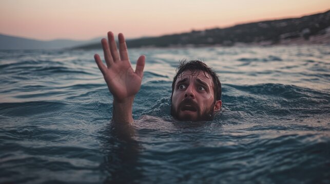 Terrified man struggling in the sea at dusk, reaching out for help as strong waves pull him back. Dramatic drowning emergency on a Greek beach.