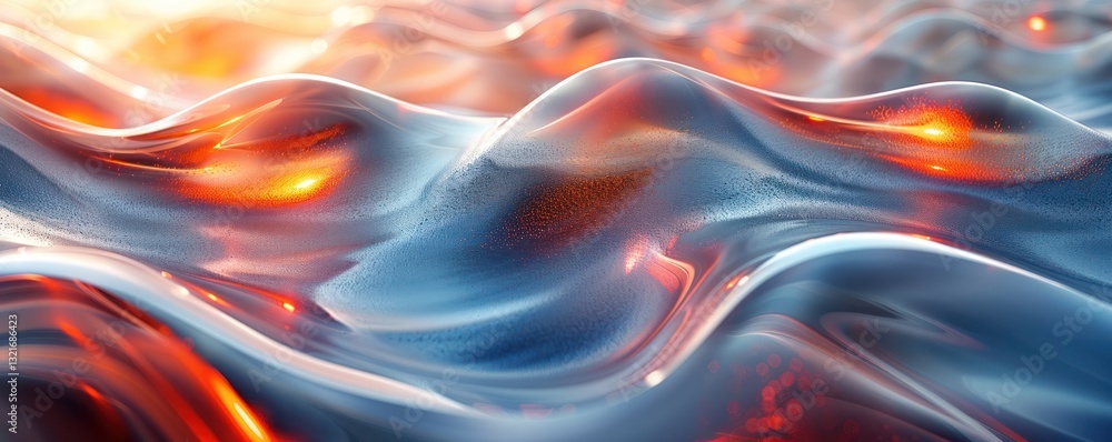 Poster 3d flow abstract background with fluid metallic shapes flowing and blending silver chrome light refl