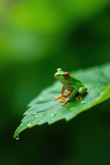 Obraz premium A Vibrant Green Amphibian Perched on a Dew-Kissed Leaf in a Lush Forest Environment