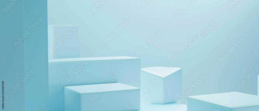 Poster soft blue color background with cubes, in a simple and clean style, minimalist design, with soft lig