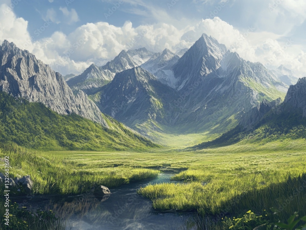 Poster a serene mountain valley scene with a stream flowing through it