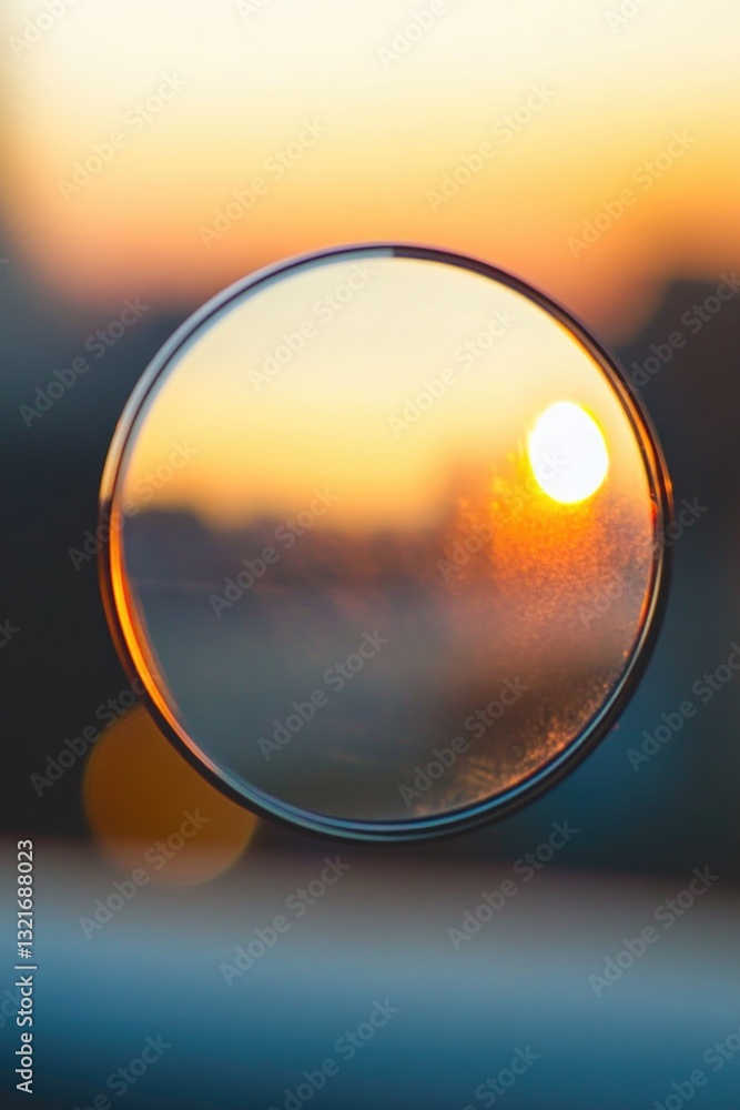 Poster a close-up view of a mirror with a stunning sunset backdrop, ideal for uses such as interior design 