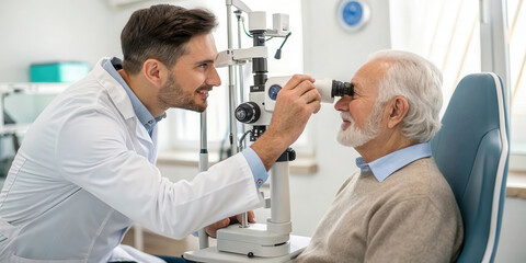 Obraz premium doctor performs eye examination on elderly man using specialized equipment