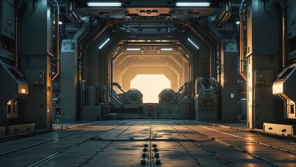 A futuristic industrial corridor with bright light at the end, suggesting advanced technology.