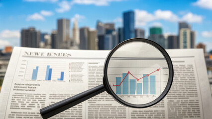 magnifying glass focuses on newspaper with housing market graphs, city skyline in background