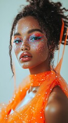 Sparkling Beauty Portrait of a Young Woman with Glittery Makeup and Orange Dress