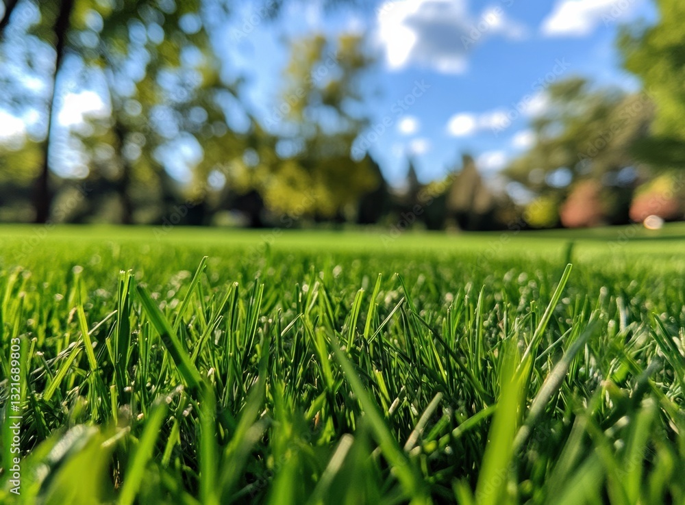 Poster lush green grass meadow on a sunny day with trees in background