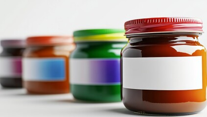 Five glass jars featuring white labels, displayed on a light surface, isolated on a white backdrop