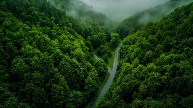 Aerial view of a winding road through a dense green forest, symbolizing eco-friendly travel sustainability. Misty landscape with lush trees, representing nature conservation environmental awareness