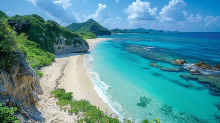 Fototapeta premium Golden Week Adventure in Japan. woman Explore the captivating Okinawa islands, with their pristine beaches, turquoise waters, and unique Ryukyu culture.