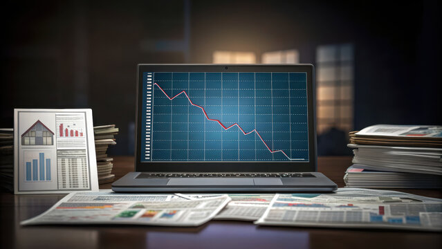 laptop displaying declining graph on desk with financial documents