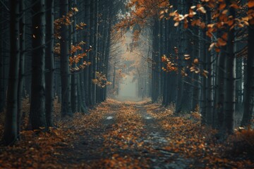 Fototapeta premium Serene Autumn Forest Pathway Surrounded by Golden Leaves and Mist