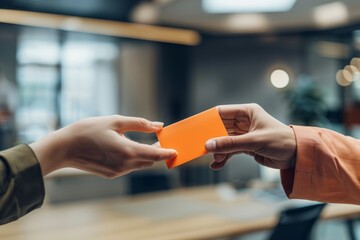 Obraz premium Handing Over an Orange Business Card in a Modern Office Environment