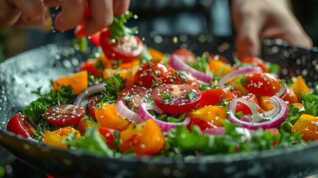 Healthy Lifestyle . Rainbow Method balanced eating. A close-up shot of a person's hand tossing a salad, their expression conveying a sense of culinary expertise and passion.