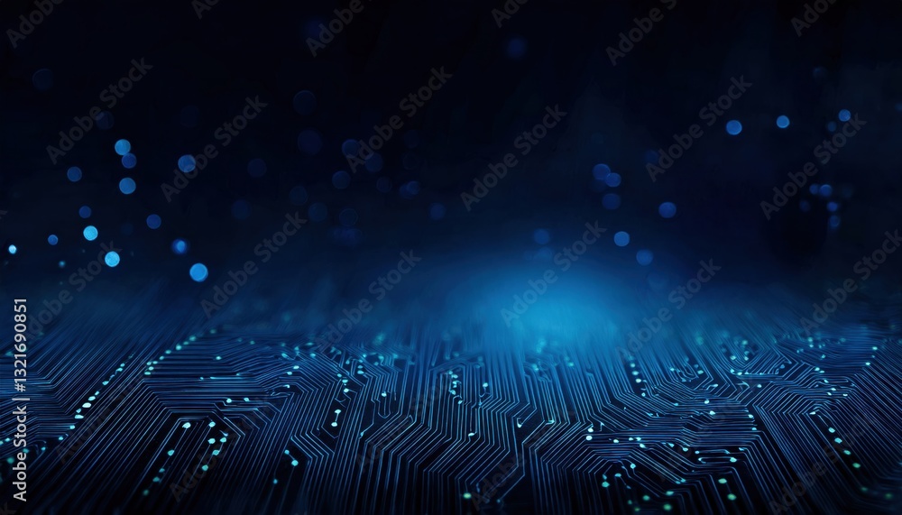 Poster futuristic circuit board with glowing blue microchip connections, technology background for ai, innovation, and data processing