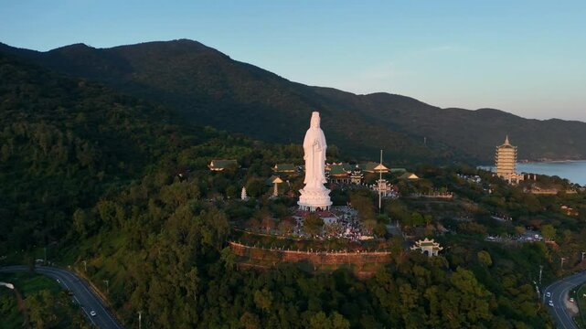 Da Nang aerial view of Lady Buddha's statue, Vietnam, front view panoramic shot