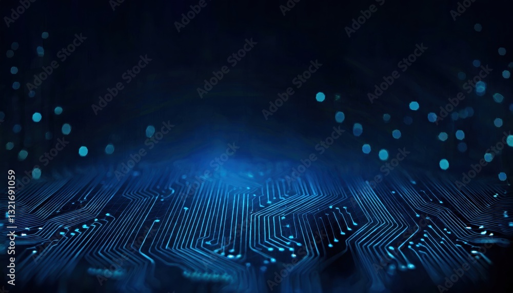 Poster futuristic circuit board with glowing blue microchip connections, technology background for ai, inno