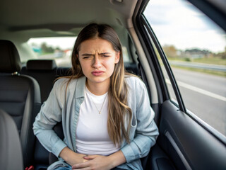 Young woman in car holding her stomach with pained expression