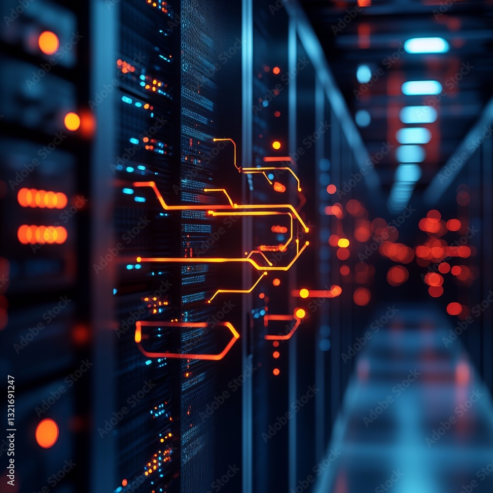 Poster a state-of-the-art data center with servers glowing and colorful light patterns, demonstrating the l