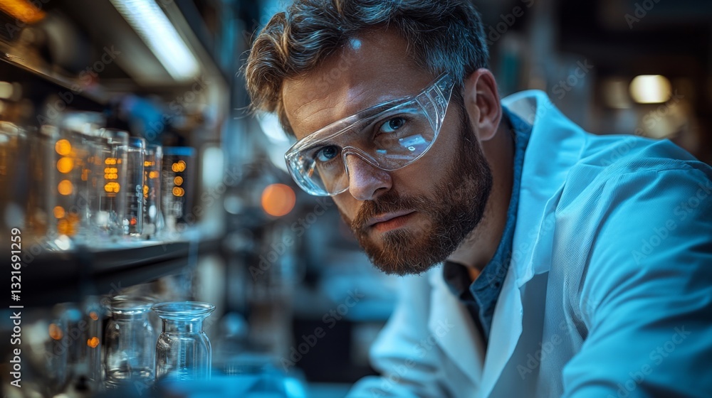 Poster A scientist in a laboratory focuses intently on experiments with quantum mechanics.