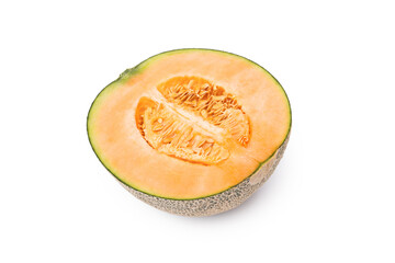Cut in half of Melon fruit fully ripe has orange flesh and juicy sweet inside with many seeds isolated on white background.