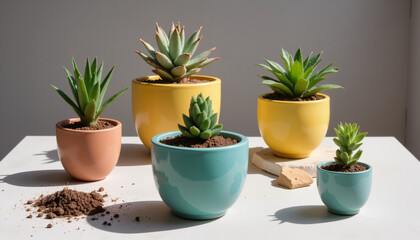 Colorful ceramic pots with different succulent species, freshly planted in rich soil, placed in natural sunlight for healthy indoor growth