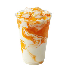 Creamy beverage with caramel swirl and ice in transparent cup
