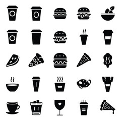 Flat Icons of Various Food and Drink Items